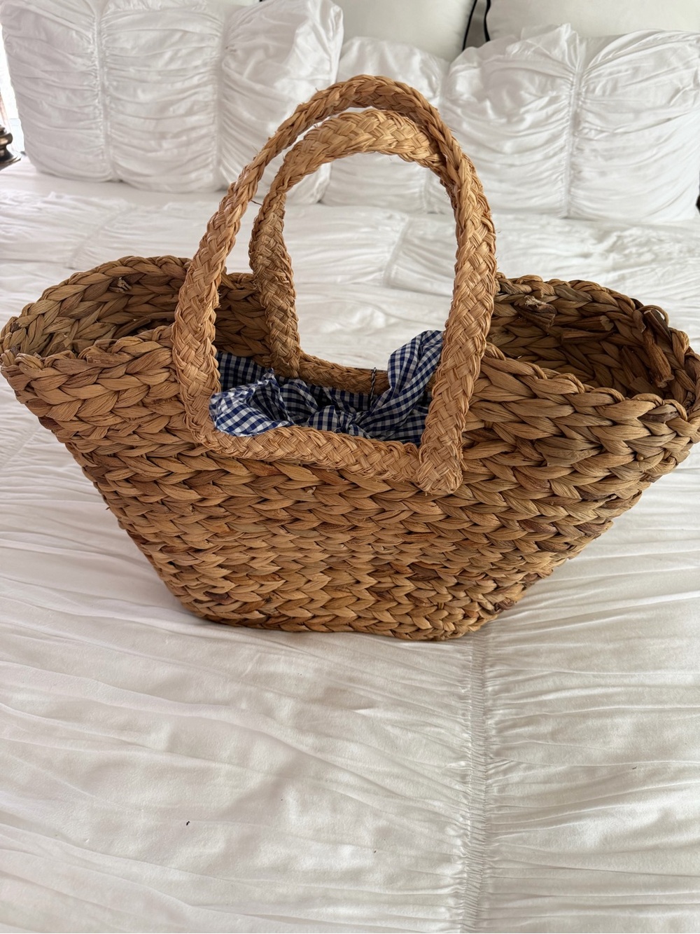Draper James Reese Straw Tote Natural Woven Beach Bag Blue Gingham Lining NWT - Picture 5 of 10